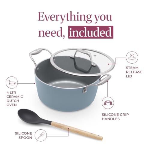 Image of Asai Ceramic Dutch Oven 24cm (4L) with Glass Lid & Silicone Spatula | Blue | Procera Swiss Ceramic Non-Stick Coating | Induction, Gas & Electric Compatible | Stay-Cool Handles | Lab Tested