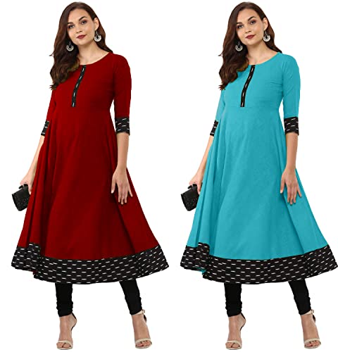 Image of NATEK Cotton Anarkali Printed Border Kurtis for Women Combo Pack of 2