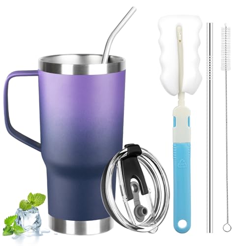 Image of 20 oz Tumbler with Handle, Stainless Steel Insulated Tumblers with Lid and Straw, Double Wall Vacuum Insulated Tumbler, Insulated Travel Mug Coffee Cup for Cold and Hot (Purple Navy blue)