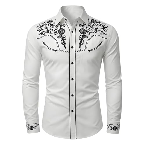 Chemises western pour homme manches longues brodées coupe ajustée avec poches