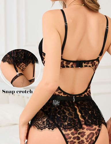 Image of Alrovetoney Women Lingerie Set Naughty Lace Bodysuit High Waisted Underwire Lingerie Babydoll With Garter Belt and Stockings