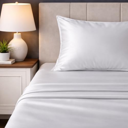 Image of LANE LINEN 100% Cotton Satin Fantasy Bedsheet Double Size - White | OEKO-Tex Certified, 100% Cotton Satin Weave, Fits Double & Queen Bed, Gentle on Skin & Hair, Wrinkle-Free