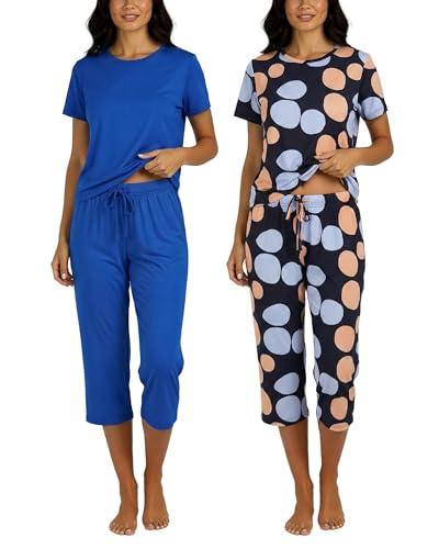 Image of Real Essentials 2 Pack: Womens Pajamas Short Sleeve Sleepwear Tops and Capri Pants Pjs Print Pajama Sets (Available In Plus)