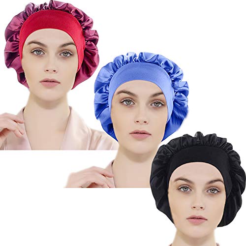 3 Pack Night Sleep Cap Satin Cap Sleeping Hat Elastic Wide Band Hat for Good Sleeping (blue，black，dark red)