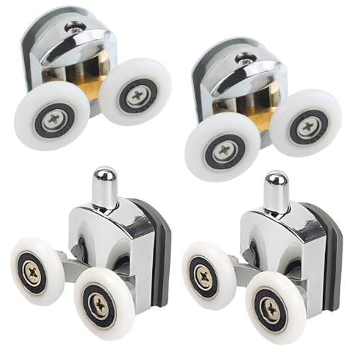 WeddHuis 4 Piezas Set de rodamientos de mampara corredera de ducha doble, ruedas mampara ducha, rueda para puertas correderas, rueda mamparas, con guías y ruedas de 25 mm de diámetro