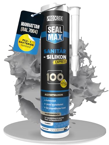 PROCREA Premium Sanitärsilikon 100 (manhattan) [Schimmelresistent] Hochwertiges Sanitärsilikon zum abdichten für Fugen in Bad Dusche & Küche uvm. - Silicon grau - Profi-Qualität