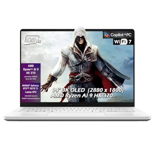 Image of Customized Laptop, Created Using ASUS ROG Zephyrus G14 Gaming Laptop, AMD Ryzen AI 9 HX 370, RTX 5070Ti, 14 inch OLED 3K 120Hz, 32GB LPDDR5X 4TB SSD, Backlit KB, WiFi7, Win11, Platinum White