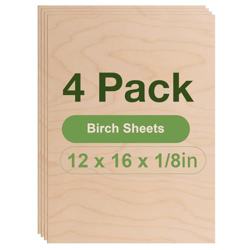 ROBOTIME 4-Pack Birch Plywood Sheets - 12 x 16 x 1/8 Inch - 3mm Plywood for Laser Cutting, Engraving & Wood Burning (Pyrography) - Unfinished Wood for Crafts