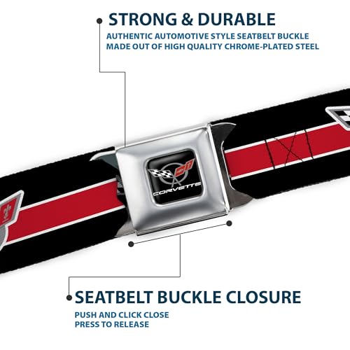 Image of Buckle-Down Seatbelt Belt - CORVETTE C5 Logo /Stripe Black /White /Red /Gray Repeat - 1.0 inch Wide - 20-36 Inches in Length