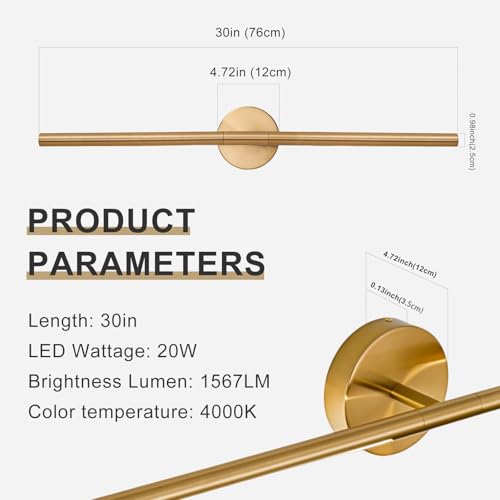 Image of Gold Bathroom Light Fixtures Over Mirror 30 Inch, 20W 360 Rotatable Dimmable 4000K Led Vanity Light Bar, Brushed Gold Bathroom Vanity Lights Above Mirror
