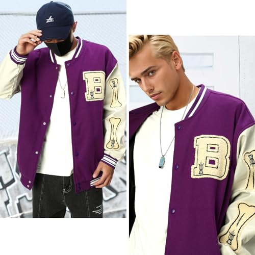 Image of Mens Varsity Jacket Baseball Bomber Jacket Vintage Unisex Streetwear Coats with Patchwork Hipster Utility Tops