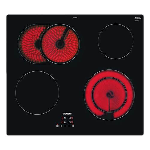 Siemens ET61RBNA1E, iQ300, Elektro-Kochfeld 60 cm, autark, Rahmenlos aufliegend, Made in Germany, touchControl, Zuschaltbare Bräterzone, Zweikreiz-Kochzone 21 cm, Sicherheitsabschaltung, Schwarz