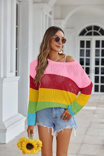 Image of Zeagoo Off The Shoulder Tops for Women Hollow Out Crochet Knit Stripe Vacation Outfits Resort Wear Pink Red Yellow Green Blue L