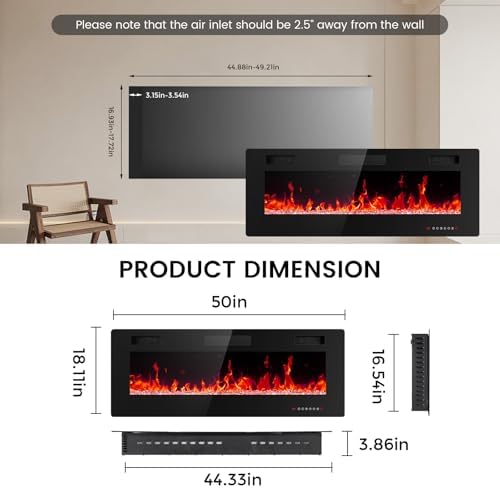 Electric Fireplace 50 inch Ultra Thin, Recessed and Wall Mounted Electric Fireplace with Remote Control, Fireplace Heater, Timer, Adjustable Flame Color, 750w/1500w, Black - Thumbnail 4