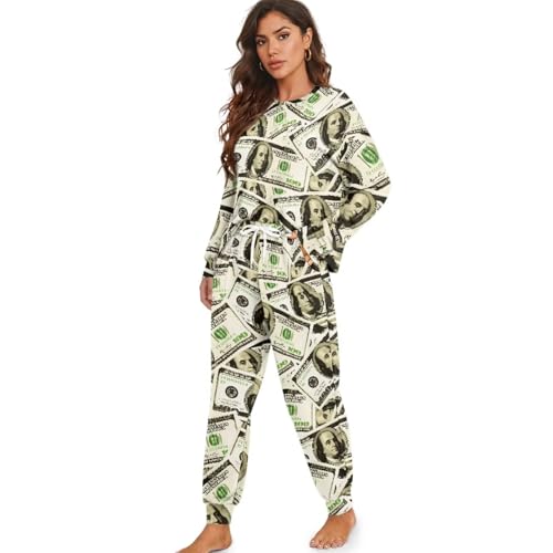 Image of Womens Lounge Set Long Sleeve Soft Pajama Sets Casual 2 Piece Pj Outfit Crewneck Sleepwear with Pockets Plus Size