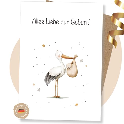 LINDFALL Premium Glückwunschkarte zur Geburt Storch. Karte Mutterschutz Aquarell Klappkarte A6 mit Kraft-Umschlag. Karte Geburt Junge Mädchen Beigabe zu Windeltorten Geschenksets