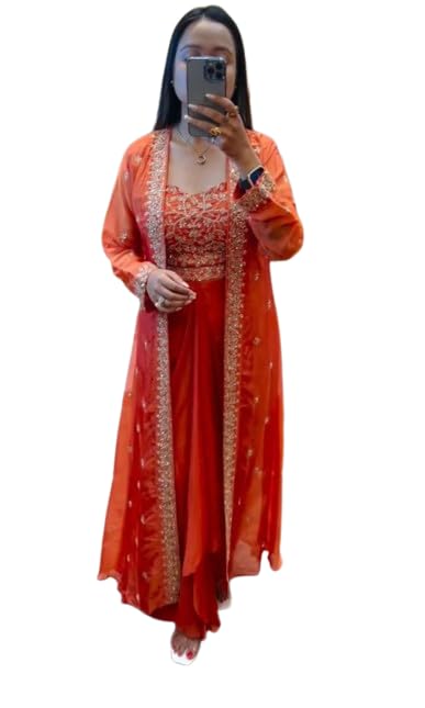 Dhoti Shrug with Sarara With Embroidery Work For Women's And Girls For Style Heavy Chinon Fabric Blouse And fancy dupatta wedding bollywood party girls wear-image-28