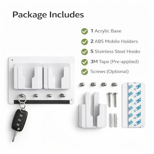 Image of Rainbow Dots Wall Mounted Key Holder with Mobile Stand | No Drilling 3M Adhesive | Phone & Key Organizer with 5 Hooks | ABS & Acrylic | for Home Entrance(2 White Mobile)