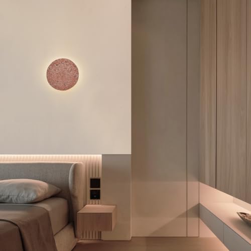 Image of DUHU Round Wall Light,Red Cement Wall Lamp Hardwired for Hallway,Minimalist Led Wall Sconce Flat Design,Modern Sconces Lighting for Bedroom,Living Room,Bathroom,9w 3000k,Warm White,Moon Light Wall