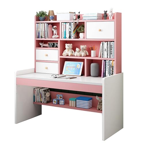 Kids Desks Kid Study Table Adjustable Lifting Height Children Desk Multifunctional Childrens Reading Activity Desk with Multi-Tier Large-Capacity Bookshelf for Student 120x150x50cm (Pink)