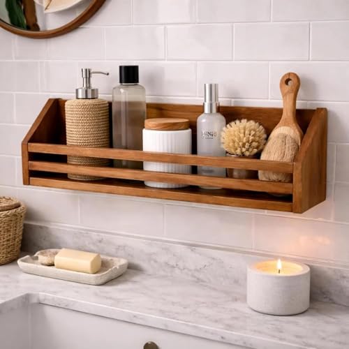Image of Wooden Wall Shelves with Towel Holder, Wall-Mounted Bathroom Storage Rack, Wooden Shelves and Wooden Towel Stand Shelves for Bathroom Towel Stand Bathroom Shelves (Only Wooden Shelves)