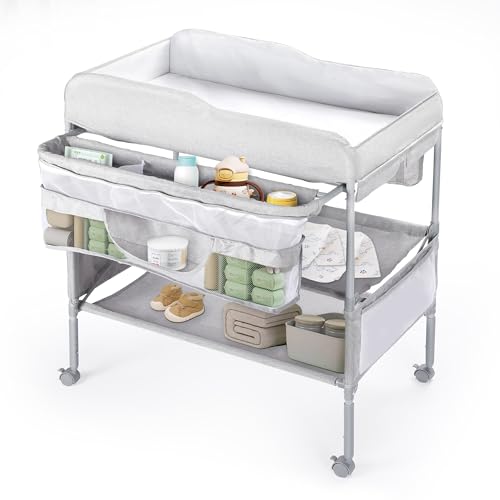 Image of Portable Baby Changing Table, Foldable Diaper Changing Station with Waterproof Pad, Mobile Nursery Organizer for Infant & Newborn Essentials, Grey