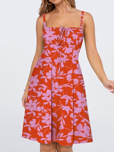 Image of YATHON Summer Mini Corset Sun Dress for Women Short Casual Square Neck Lace Up Floral Beach Vacation Dresses with Pockets