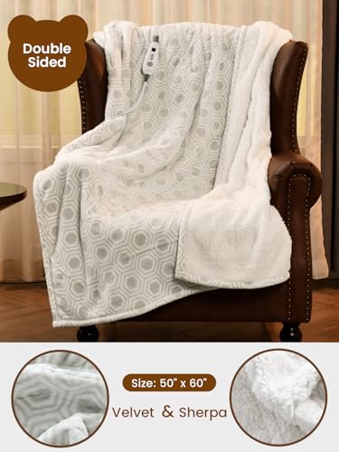 Image of Bearhug Electric Blanket Throw Size, 50 inch x 60 inch Heated Blanket with 6 Heating Levels & 4H Auto Shut-Off, Machine Washable Soft Velvet to Sherpa Reversible Heated Throw for Office, Couch and Sofa