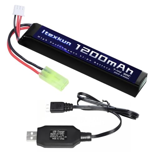 Itexkun 7.4V 2S 1200mAh 30C High Discharge Rate Airsoft Batteries Lipo Battery Small Tamiya Plug Rechargeable 2S Lipo Battery with 7.4v USB Charger for Airsoft Model Guns