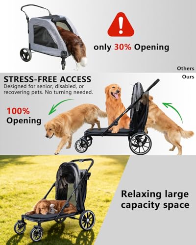Quolliter Hundewagen Ein-Taste-Zusammenklappung Hundebuggy bis 50kg Hundewagen Große Hunde Katzenwagen für 2 Große Katzen 360° Verschleißfeste Gummiräder Netzfenstern