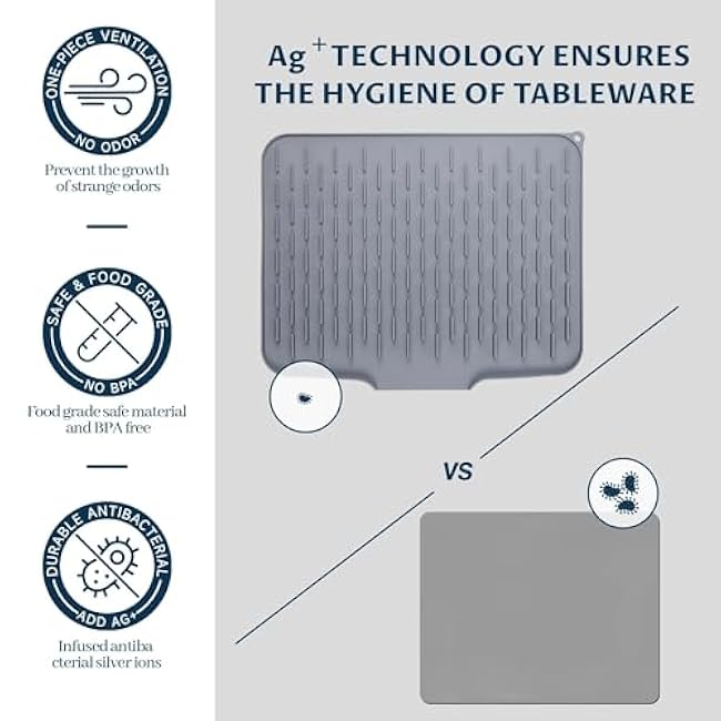 Silicone Dish Drying Mat for Kitchen Counter, Dish Drying Pad, Non-Slip Drain Pad with Built-in Drain, Easy clean,Eco-friendly,Heat-resistant Silicone Mat (Gray, 16''*12'')