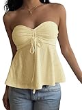 Cioatin Women Strapless Drawstring Ruched Tie Sweetheart Neck Peplum Babydoll Bandeau Tube Tops Y2K Eyelet Summer Going Out Yellow