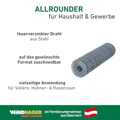 Windhager Drahtgitter feinmaschig, 2,5 x 0,5 m, Maschendraht, Volierendraht für Hasen, Meerschweinchen oder Hühner, verzinkt, Maschenweite 12,7 mm, 79066