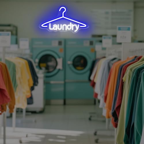 Image of Laundry Neon Sign Laundromat Led Neon Sign Washing Machine LED Light | USB Powered Neon Sign For Laundry Room Laundry Wall Art Laundry Room Decors 16.5 inchx9.1 inch, Blue+White