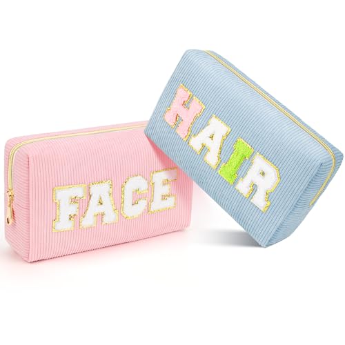 2Pcs Makeup Bag for Girls Gifts, Travel Toiletry Bag for Women, Corduroy Make Up Cosmetic Pouch Cute Preppy Stuff Bags for Teen, Birthday Graduation Gifts (HAIR & FACE)