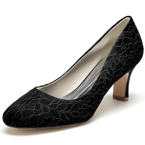 Chaussures mariage talons bas dentelle femme escarpins soirée bout fermé noirs taille 39
