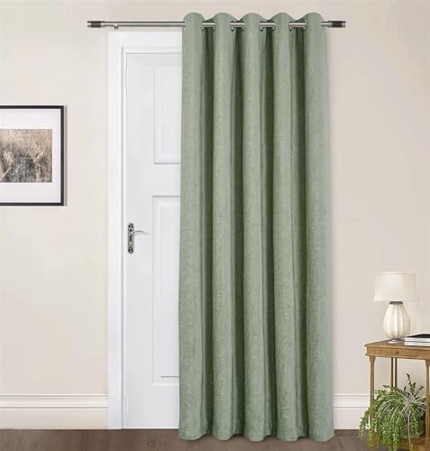 Image of Sundour Amberley Eyelet Ring Top Door Curtain Thermally Lined Curtains Sage Green 66x84