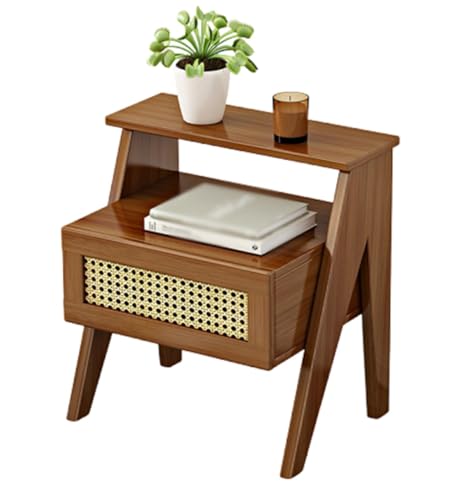 Table de chevet en rotin avec rangement ouverts et tiroir compact