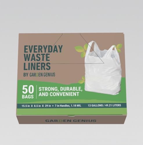 Image of Biodegradable 13 Gallon White Kitchen Trash Bags with Ergonomic Handles (50 Pack) - Extra Strong, Leak-Proof & Thick 1.18 Mil - 15% Thicker Than Most - Fits Standard 13 Gal Cans - Eco-Friendly D2W