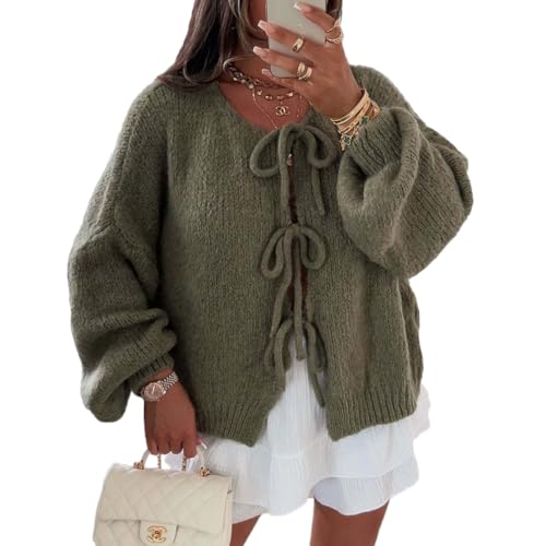 Image of Women Casual Bow Tie Front Cardigan Sweater Solid Crew Neck Long Sleeve Self Tie Open Front Knit Sweater Top Fall