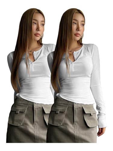 Image of Shasmi Women's & Girl's Long Sleeve Round Neck Solid Color Ruched Workwear Casual Top Half Button Down Henley T-Shirt for Women (Top 128)