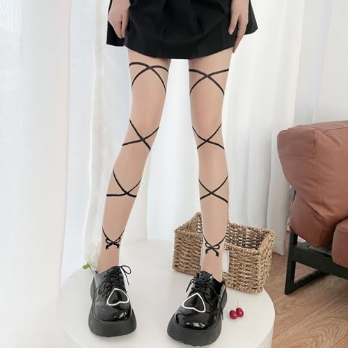 Image of Y2K Patterned Sheer Tights for Women Gothic Punk Thigh High Pantyhose Harajuku Lolita Bandage Fishnet Stockings