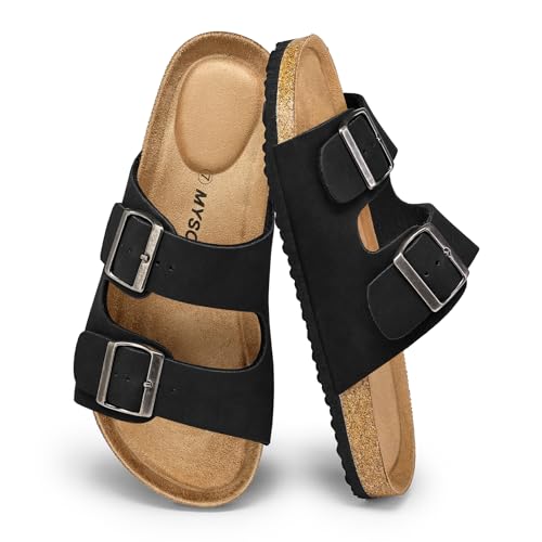 Image of mysoft Womens Flat Sandals Cork Footbed Slides with 2 Straps | Adjustable Buckle Slip On Comfortable Casual Light Weight Summer sandals