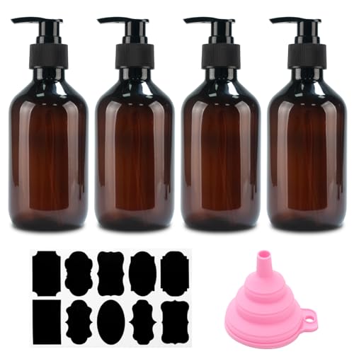 4 STK Seifenspender 300 ml Shampoo Flaschen zum Befüllen Duschgel Spender Pumpspender nachfüllbare Pumpflaschen Leere Shampooflaschen für Dusche Lotionen Shampoos + Trichter & Etikett(Braun)