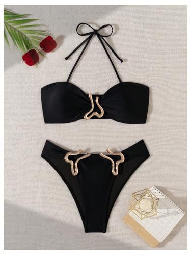 MakeMeChic Women's Two Piece Bikini Set Halter Ring Backless Summer Bathing Swimsuits4