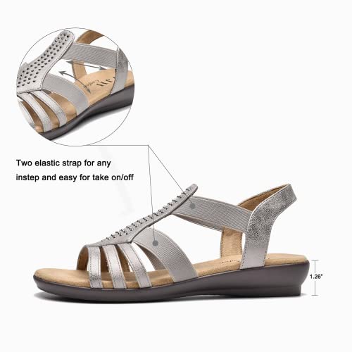 Vjh Confort WomenS Flat Sandals, Comfort Elastic Slip-On Light Weight Slingback Casual Walking Sandals With Rhinestone (Pewter,5) #TOP1