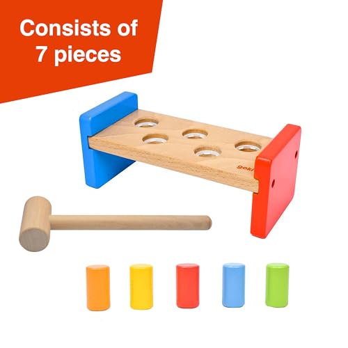 Image of Goki Wooden Pound-A-Peg Toy with Hammer | Classic Pounding Bench for 2 Year Olds | Preschool Learning & Montessori Activity Set - Durable Educational Birthday Gift for Toddlers