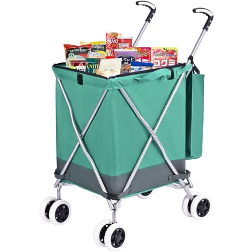 Image of Folding Grocery Shopping Cart Rolling Utility Cart with 360 Double Front Swivel Wheels Waterproof Removable Canvas Bag with Cover for Laundry Grocery, Shopping, Baggage, Picnic (Beige)