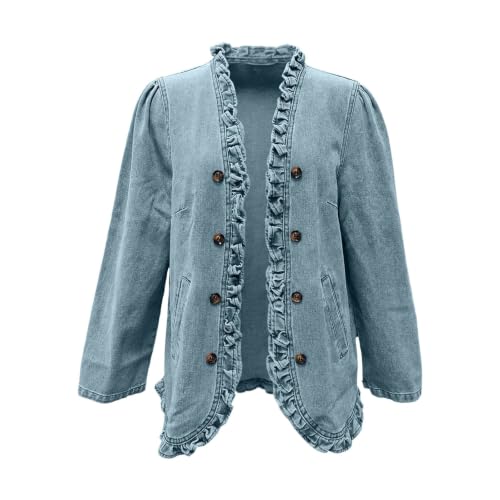 Denim Jacket For Women Ruffled Trim Lapel Open Front Long Sleeve Coats - image 5