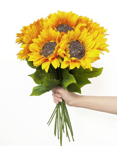 Aoztio 6PCS Fleurs artificielles, tournesols en Soie synthétique à Longue Tige pour décoration, adaptés à la décoration de Table à la Maison, Mariages,...